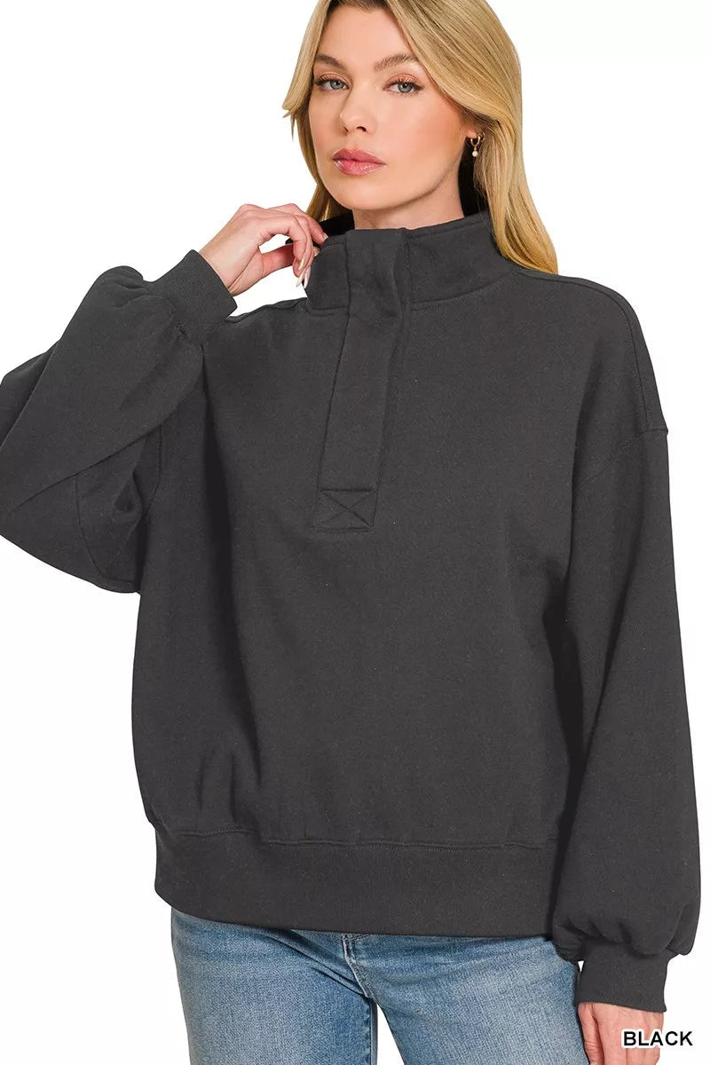 Zenana Fleece Half Snap Button Sweatshirt - Desert Sunday