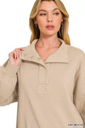 Zenana Fleece Half Snap Button Sweatshirt - Desert Sunday