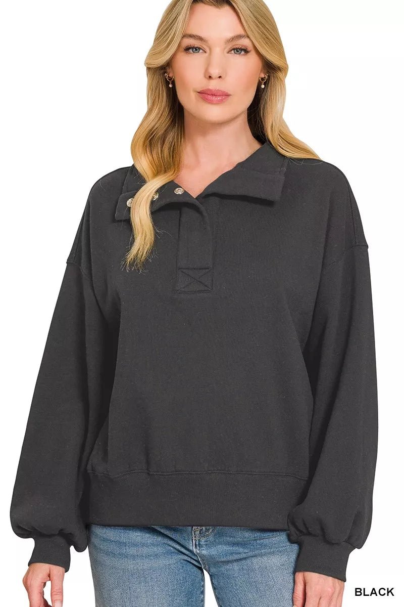 Zenana Fleece Half Snap Button Sweatshirt - Desert Sunday