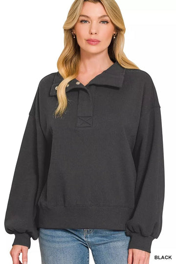 Zenana Fleece Half Snap Button Sweatshirt - Desert Sunday
