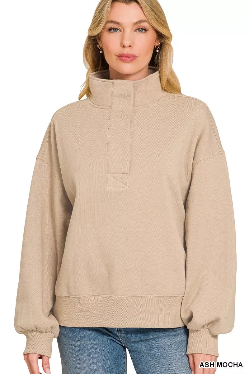 Zenana Fleece Half Snap Button Sweatshirt - Desert Sunday