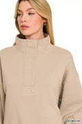 Zenana Fleece Half Snap Button Sweatshirt - Desert Sunday
