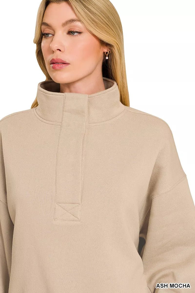 Zenana Fleece Half Snap Button Sweatshirt - Desert Sunday