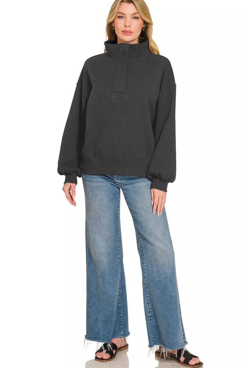Zenana Fleece Half Snap Button Sweatshirt - Desert Sunday