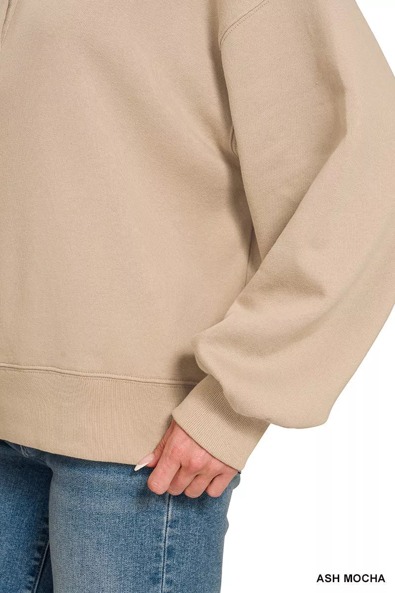 Zenana Fleece Half Snap Button Sweatshirt - Desert Sunday