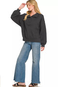 Zenana Fleece Half Snap Button Sweatshirt - Desert Sunday