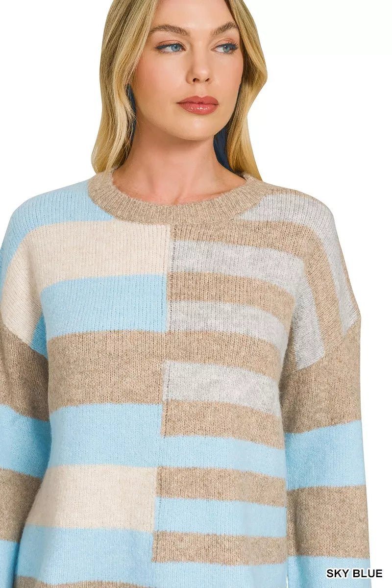 Zenana Lightweight Wool Blend Color Block Sweater - Desert Sunday