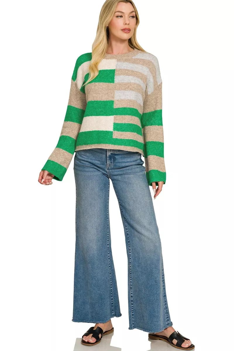 Zenana Lightweight Wool Blend Color Block Sweater - Desert Sunday