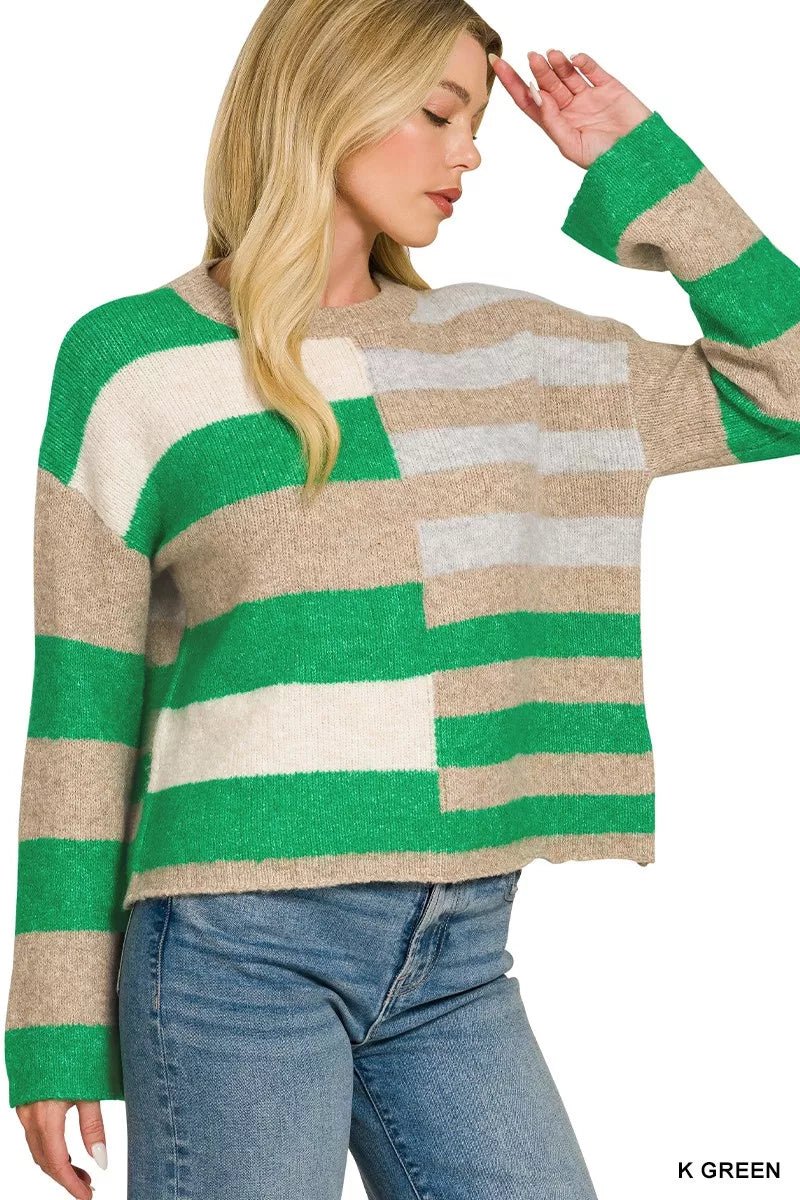 Zenana Lightweight Wool Blend Color Block Sweater - Desert Sunday
