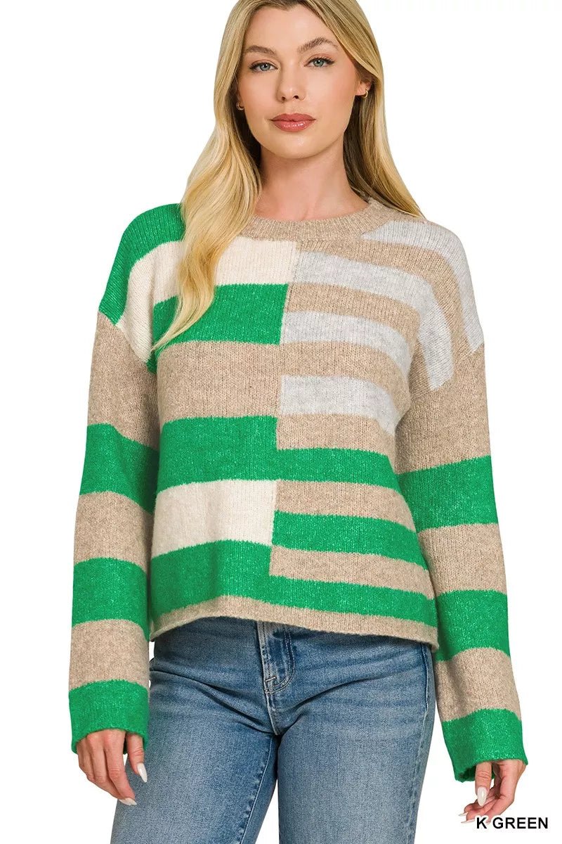 Zenana Lightweight Wool Blend Color Block Sweater - Desert Sunday