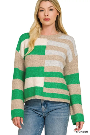Zenana Lightweight Wool Blend Color Block Sweater - Desert Sunday