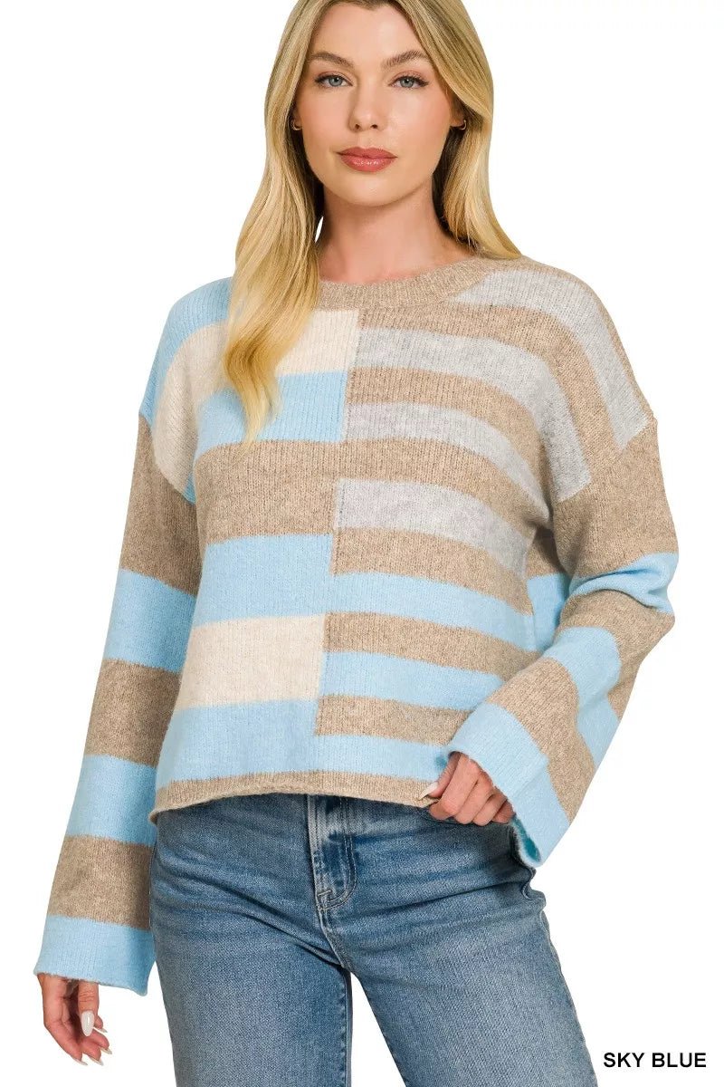 Zenana Lightweight Wool Blend Color Block Sweater - Desert Sunday