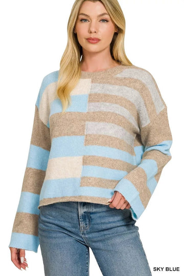 Zenana Lightweight Wool Blend Color Block Sweater - Desert Sunday