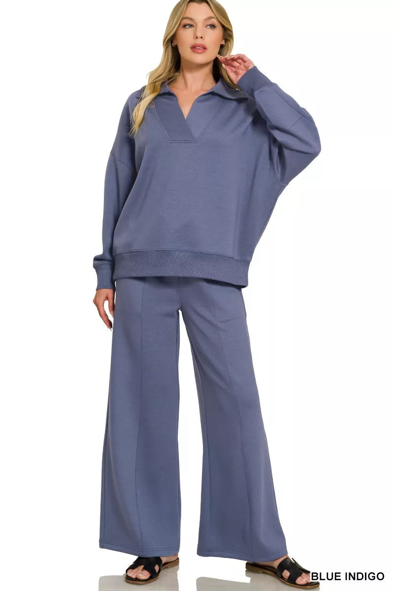 Zenana Scuba Collared Pullover & Center Seam Pants Set - Desert Sunday