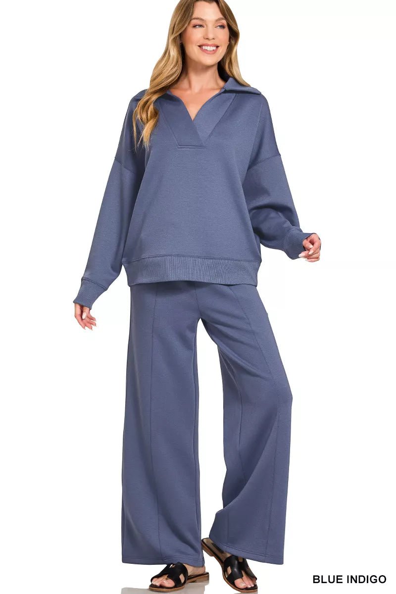 Zenana Scuba Collared Pullover & Center Seam Pants Set - Desert Sunday