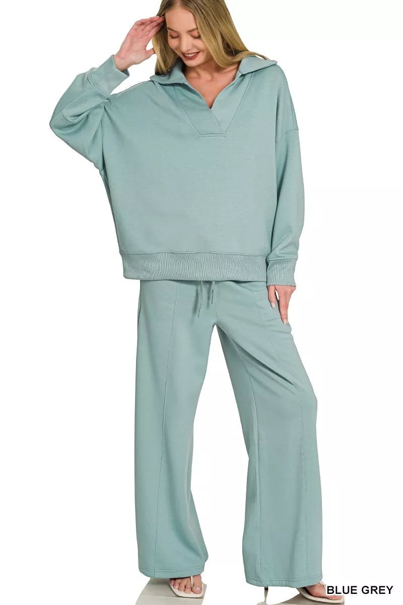 Zenana Scuba Collared Pullover & Center Seam Pants Set - Desert Sunday