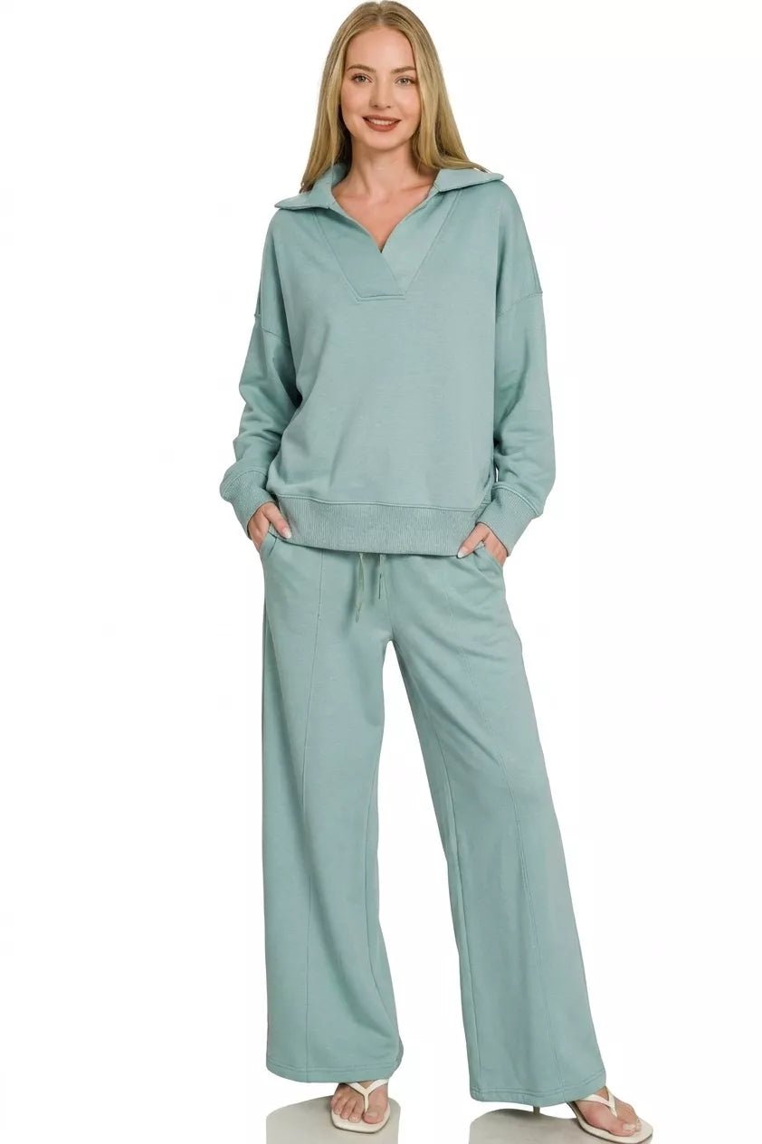 Zenana Scuba Collared Pullover & Center Seam Pants Set - Desert Sunday