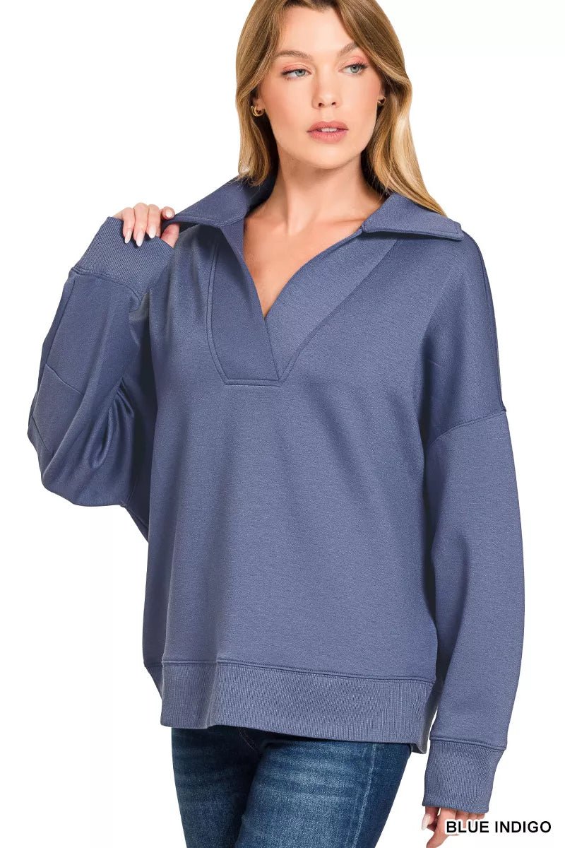 Zenana Scuba Collared Pullover & Center Seam Pants Set - Desert Sunday
