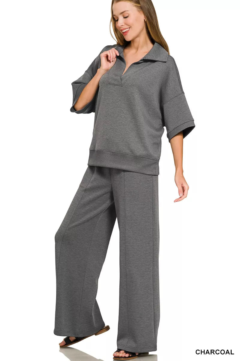 Zenana Scuba Collared Short Sleeve Pullover & Center Seam Pants Set - Desert Sunday