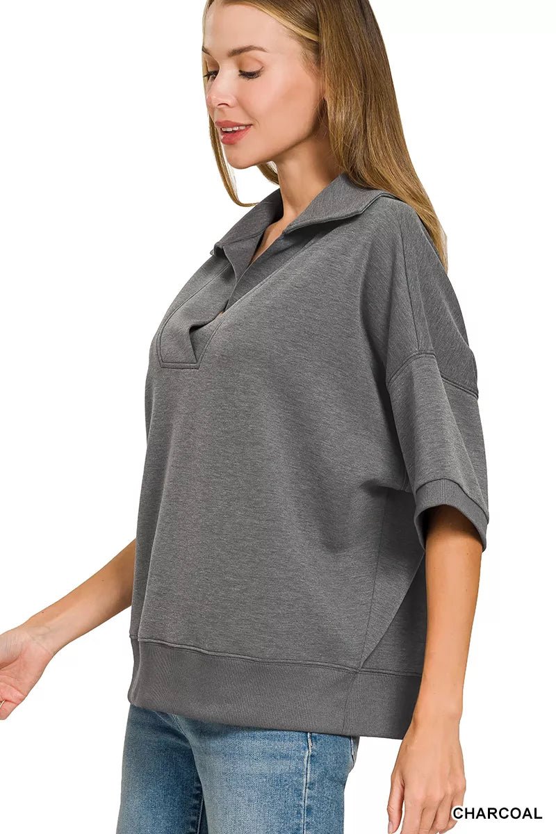 Zenana Scuba Collared Short Sleeve Pullover & Center Seam Pants Set - Desert Sunday