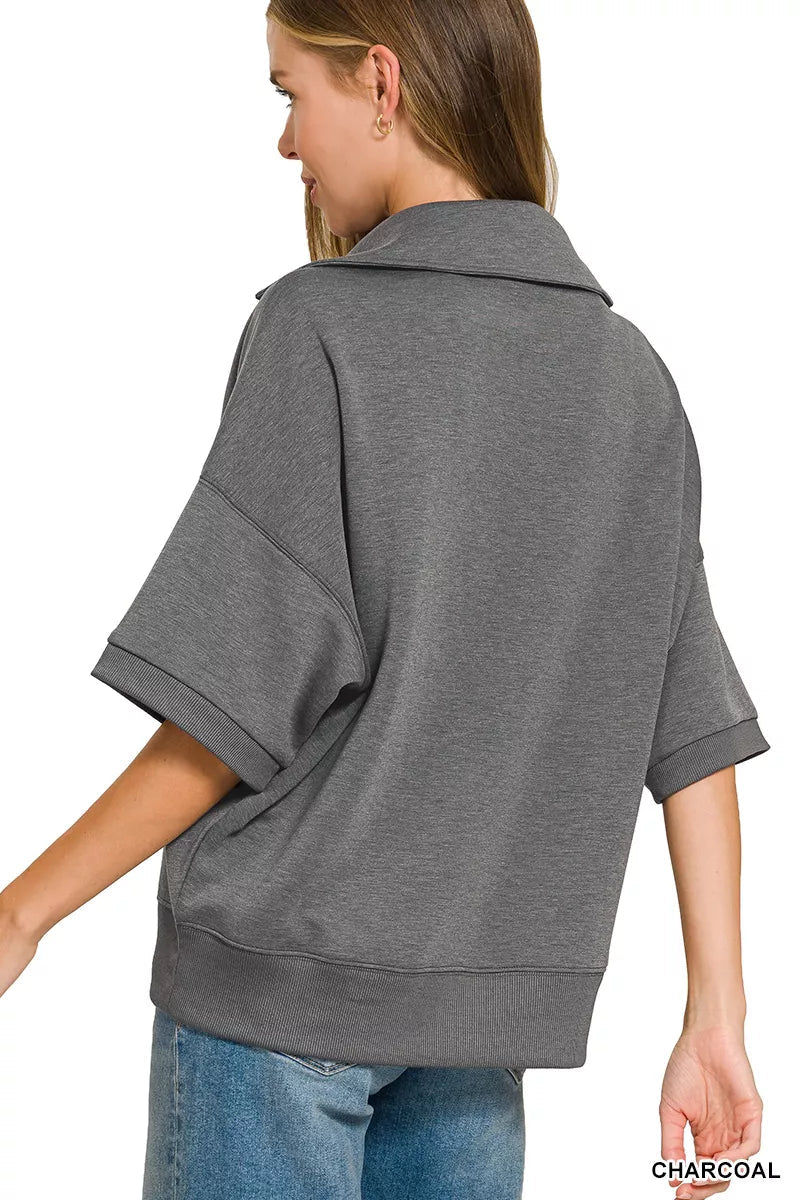 Zenana Scuba Collared Short Sleeve Pullover & Center Seam Pants Set - Desert Sunday