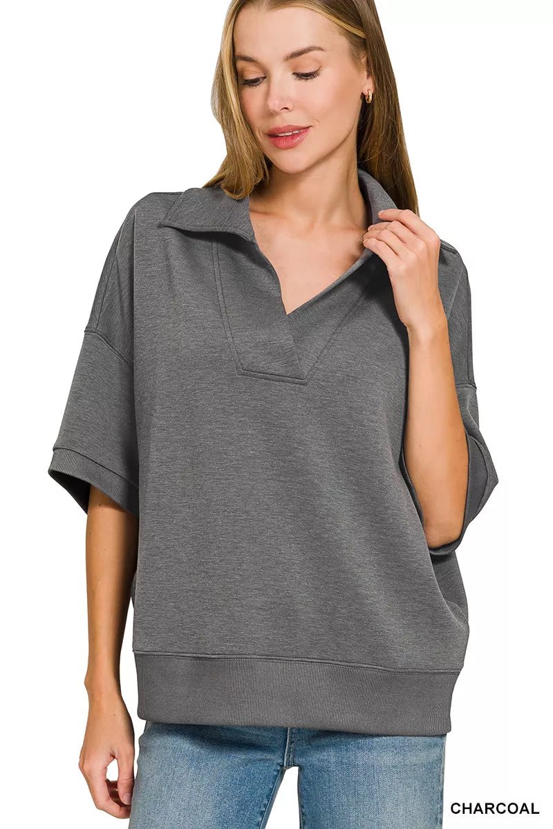 Zenana Scuba Collared Short Sleeve Pullover & Center Seam Pants Set - Desert Sunday