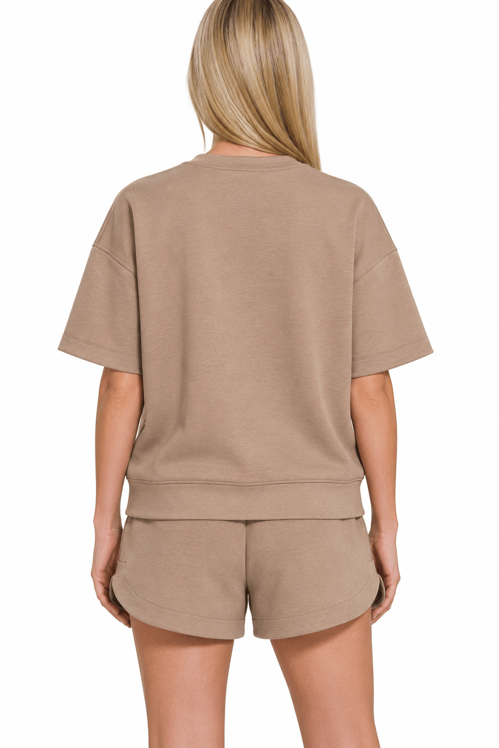 Zenana Scuba Short Sleeve & Dolphin Shorts 2PC Set In Cocoa - Desert Sunday