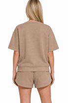 Zenana Scuba Short Sleeve & Dolphin Shorts 2PC Set In Cocoa - Desert Sunday
