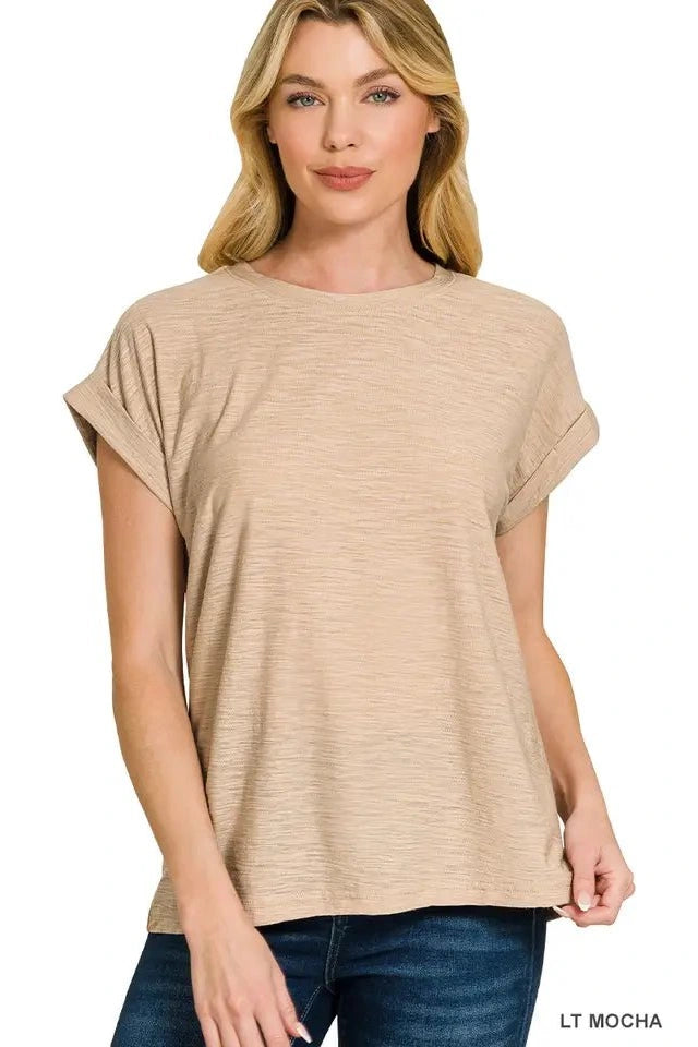 Zenana Slub Cuffed Sleeve Tee - Desert Sunday