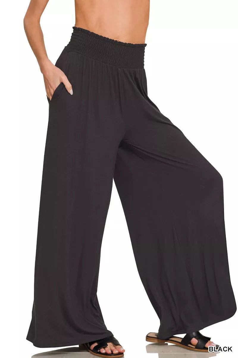 Zenana Smocked Waist Wide Leg Palazzo Pants - Desert Sunday