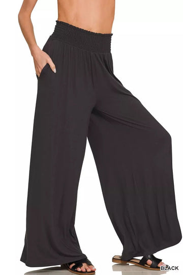 Zenana Smocked Waist Wide Leg Palazzo Pants - Desert Sunday