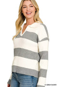 Zenana Striped Collared Sweater - Desert Sunday