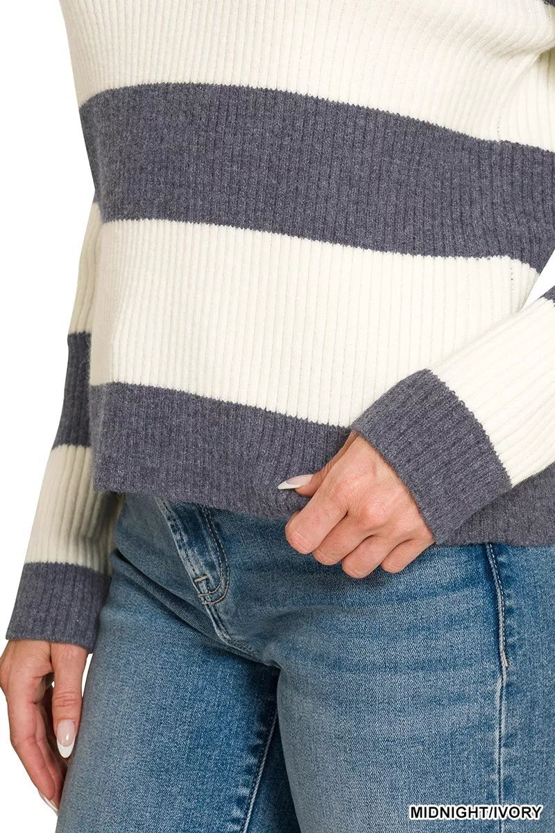 Zenana Striped Collared Sweater - Desert Sunday