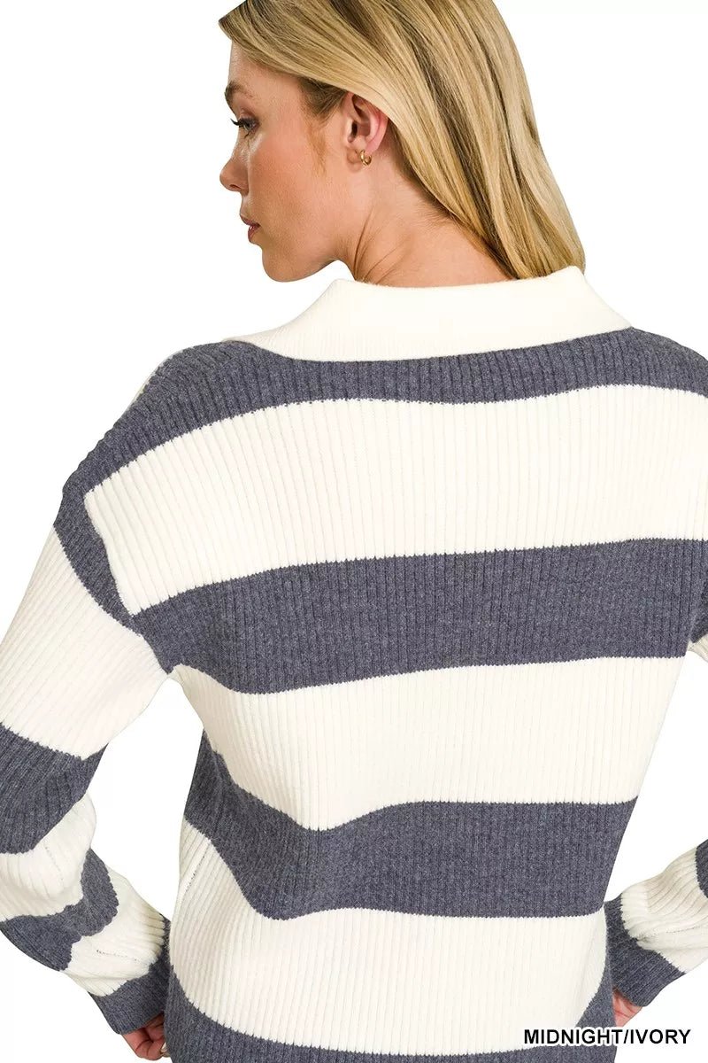 Zenana Striped Collared Sweater - Desert Sunday