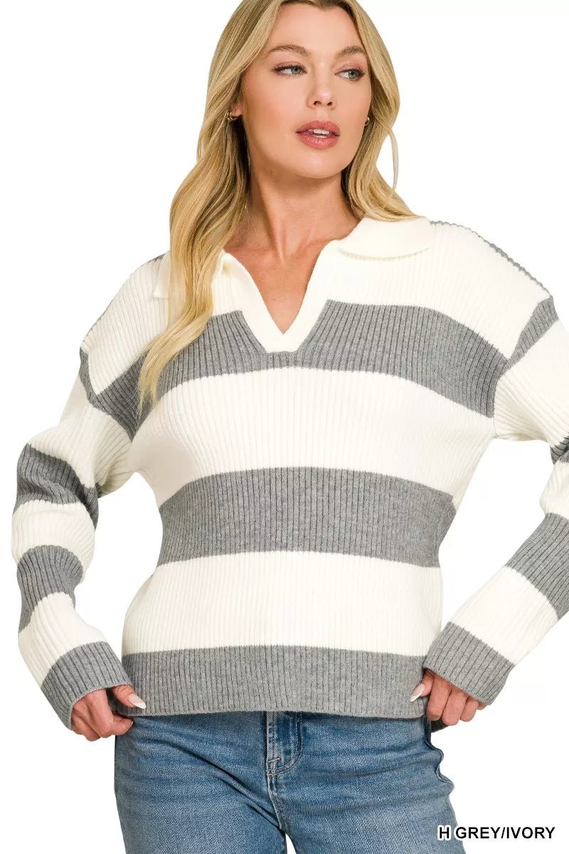Zenana Striped Collared Sweater - Desert Sunday