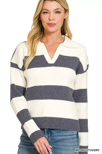 Zenana Striped Collared Sweater - Desert Sunday