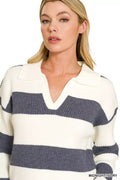 Zenana Striped Collared Sweater - Desert Sunday