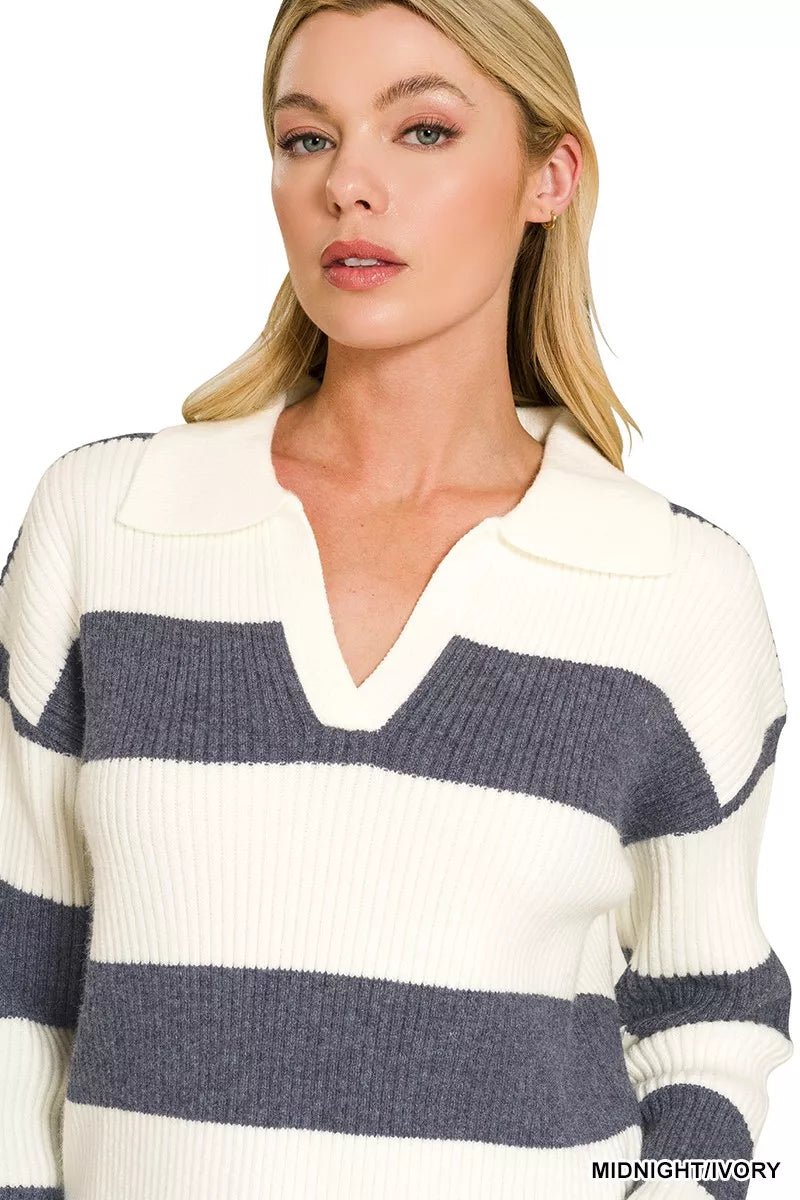 Zenana Striped Collared Sweater - Desert Sunday