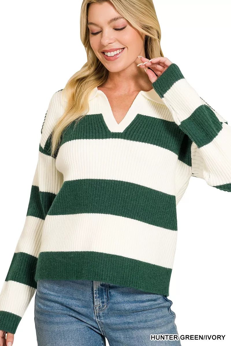 Zenana Striped Collared Sweater - Desert Sunday