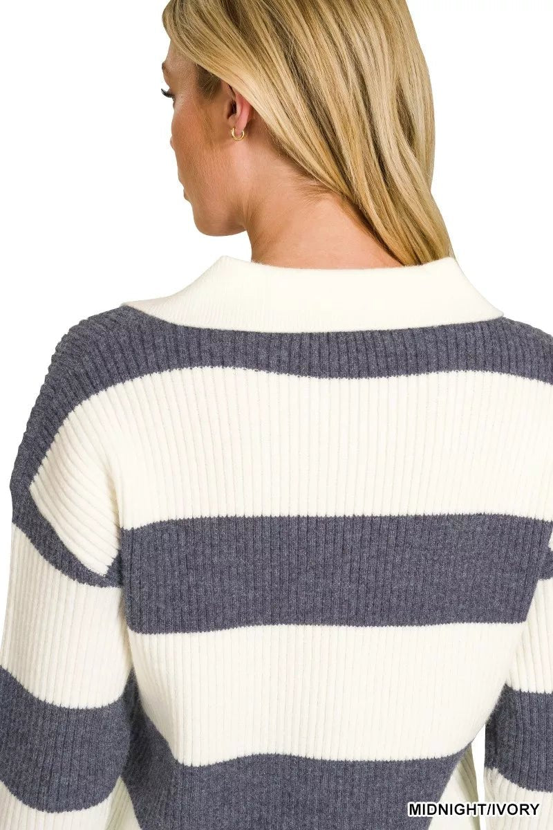 Zenana Striped Collared Sweater - Desert Sunday