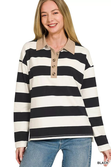 Zenana Striped Contrast Collar Polo Tee - Desert Sunday