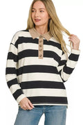 Zenana Striped Contrast Collar Polo Tee - Desert Sunday