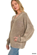 Zenana Washed Deep V-neck Oversized Sweater - Desert Sunday