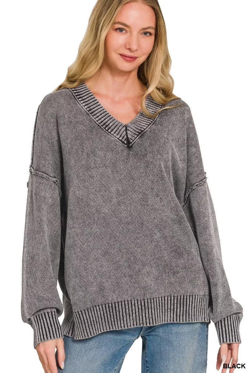 Zenana Washed Deep V-neck Oversized Sweater - Desert Sunday