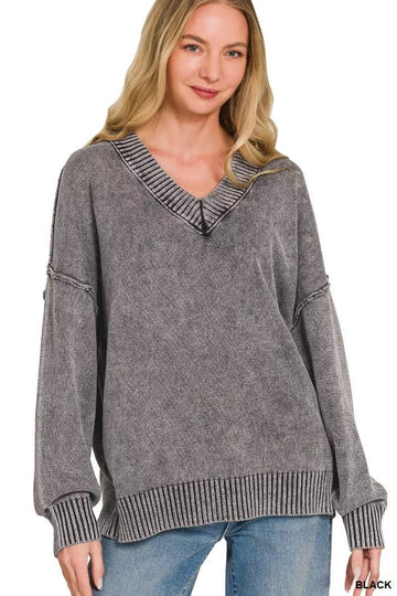 Zenana Washed Deep V-neck Oversized Sweater - Desert Sunday