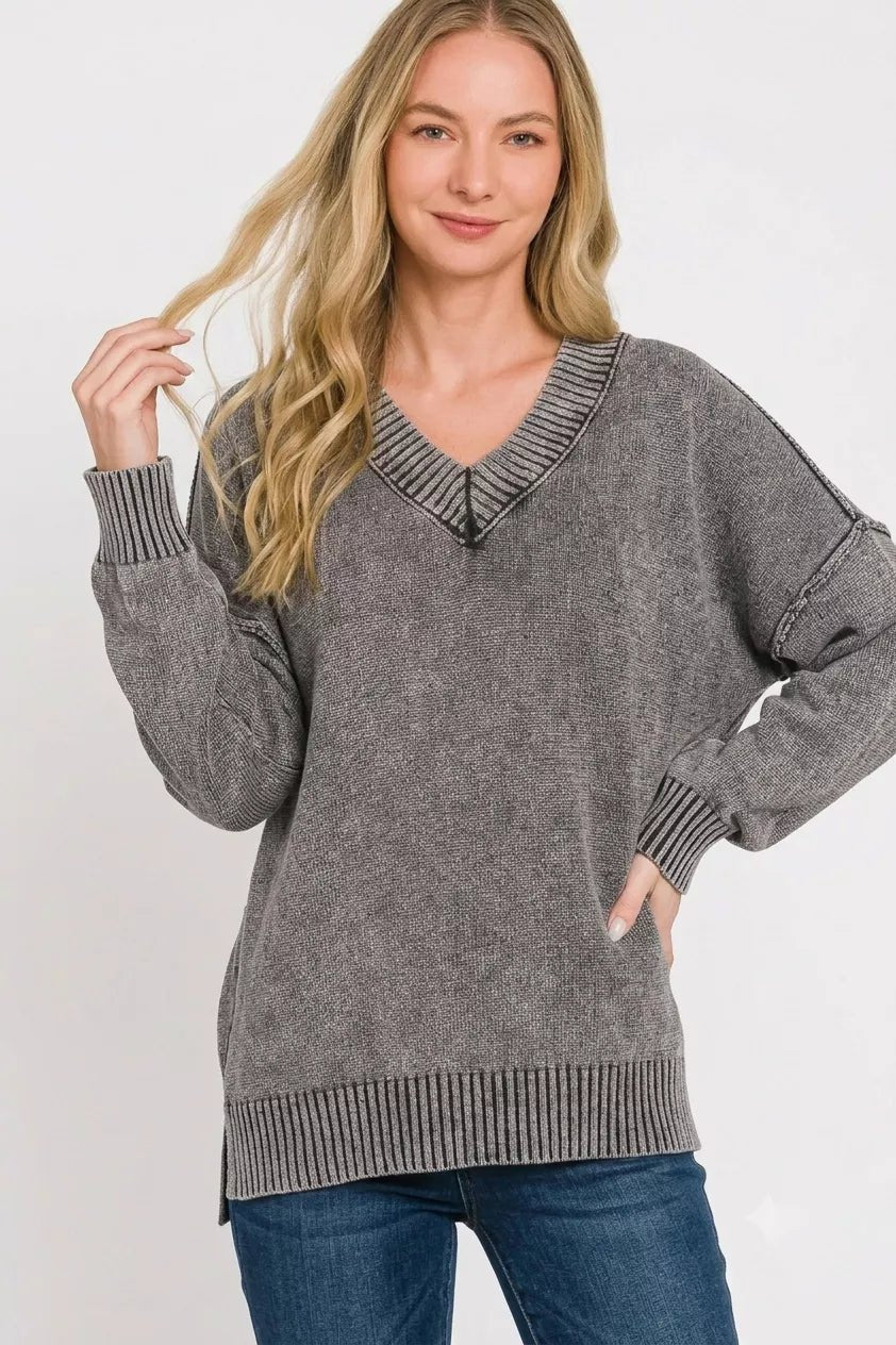 Zenana Washed Deep V-neck Oversized Sweater - Desert Sunday