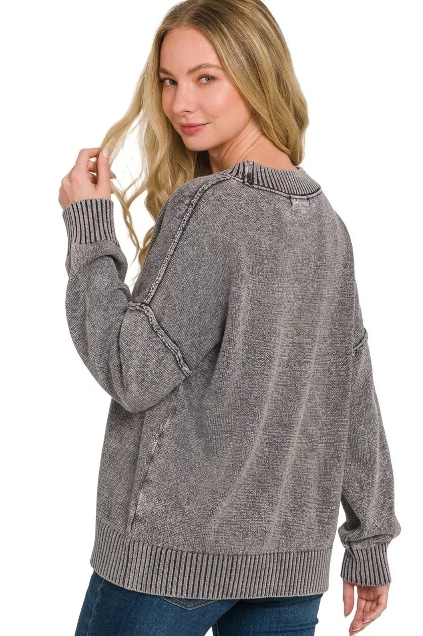 Zenana Washed Deep V-neck Oversized Sweater - Desert Sunday