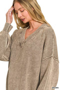 Zenana Washed Deep V-neck Oversized Sweater - Desert Sunday