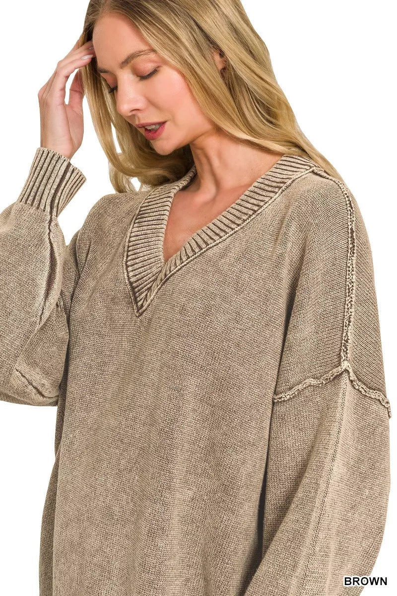Zenana Washed Deep V-neck Oversized Sweater - Desert Sunday