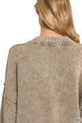 Zenana Washed Deep V-neck Oversized Sweater - Desert Sunday